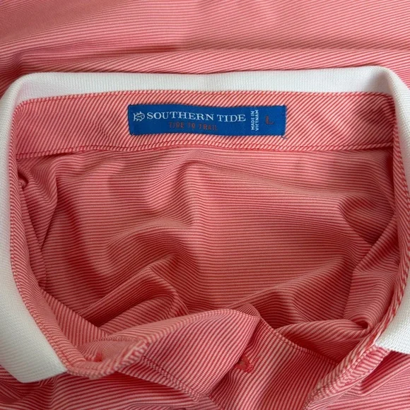 Southern Tide Men’s Light Weight Polo | Salmon Striped | White collar | Large - Picture 6 of 7